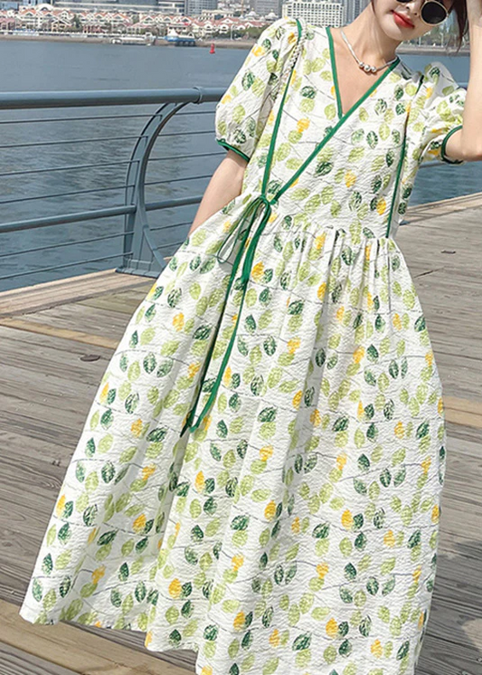 French V-Neck Printed Tie Patchwork Short Sleeve Dress