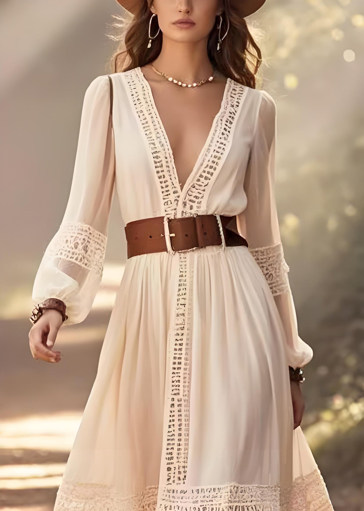 Women's Beach Bohemian White Hollow Out Patchwork Cotton Dresses