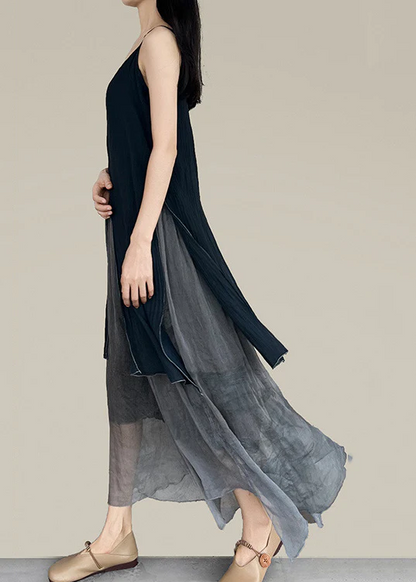 Black Asymmetric Patchwork Patchwork Spaghetti Strap Dress