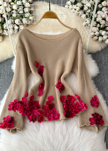 Khaki Slant Neck Floral Cotton Knit Sweater