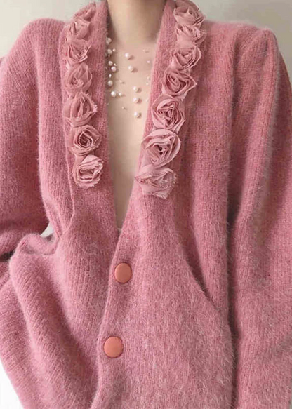 Women's Boho Pink V-Neck Button Patchwork Knit Party Top