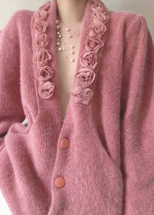 Women's Boho Pink V-Neck Button Patchwork Knit Party Top