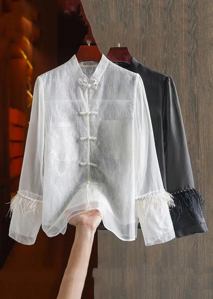 Chinese Style White Feather Lace Patchwork Long Sleeve Top