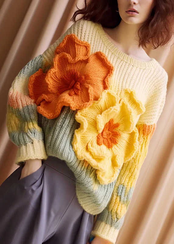 Women's Floral Apricot Floral Comfortable Cotton Knit Long Sleeve Sweater