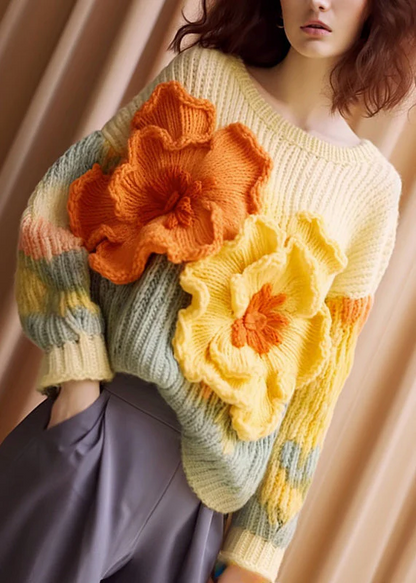 Women's Floral Apricot Floral Comfortable Cotton Knit Long Sleeve Sweater