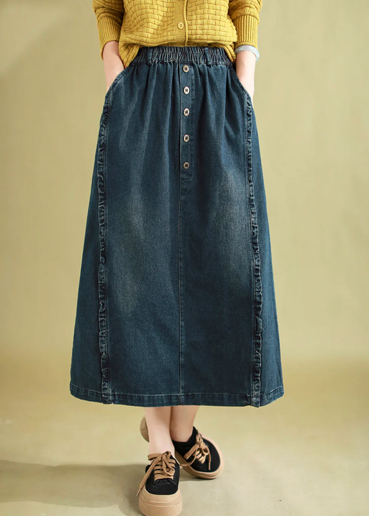 Ruffled Button Down Denim A-Line Skirt Blue