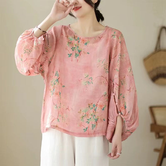 Casual Printed Round Neck Cotton Lantern Sleeve Shirt Top