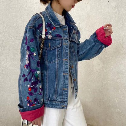 Loose Embroidered Floral Beaded Color Block Denim Jacket