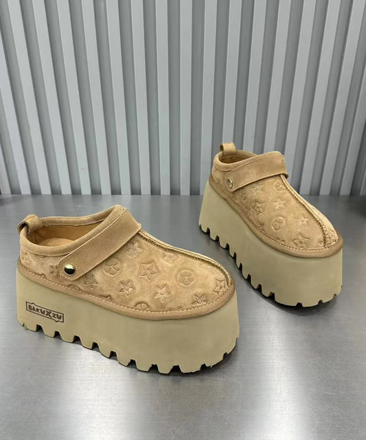 Women's Light Camel Suede Embossed Patchwork Thick Sandals