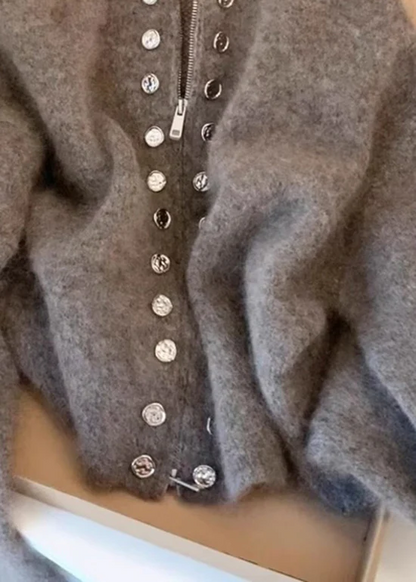 Fine Gray High Neck Zipper Wool Knit Cardigan
