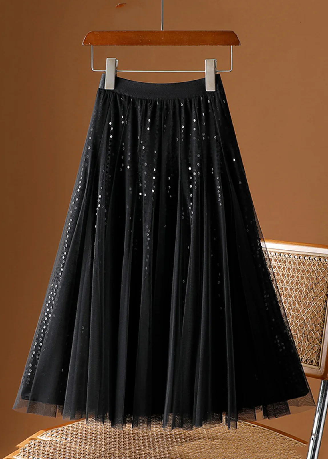 Women's Coffee Sequin Tulle Half-body Dress Spring