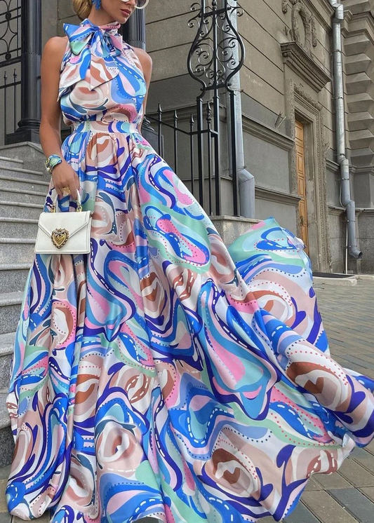 Women's Bohemian Blue Bow Printed Cotton Long Dress Summer