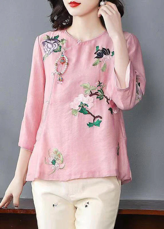 Chinese Pink Embroidered Patchwork Silk Top