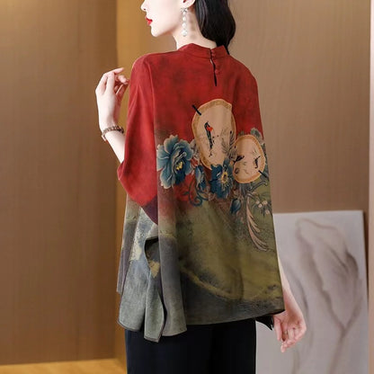 Elegant O Neck Printed Side Split Silk Top Half Sleeve Top