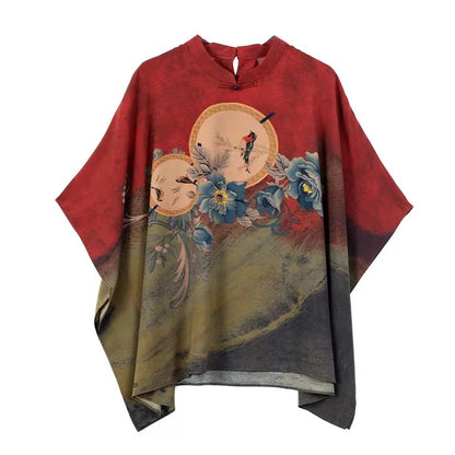 Elegant O Neck Printed Side Split Silk Top Half Sleeve Top