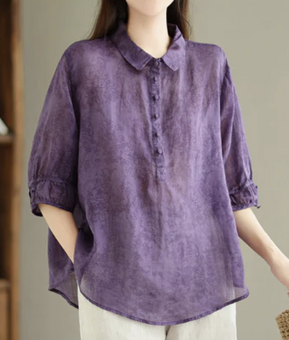 Women's Button Printed Linen Shirt Top