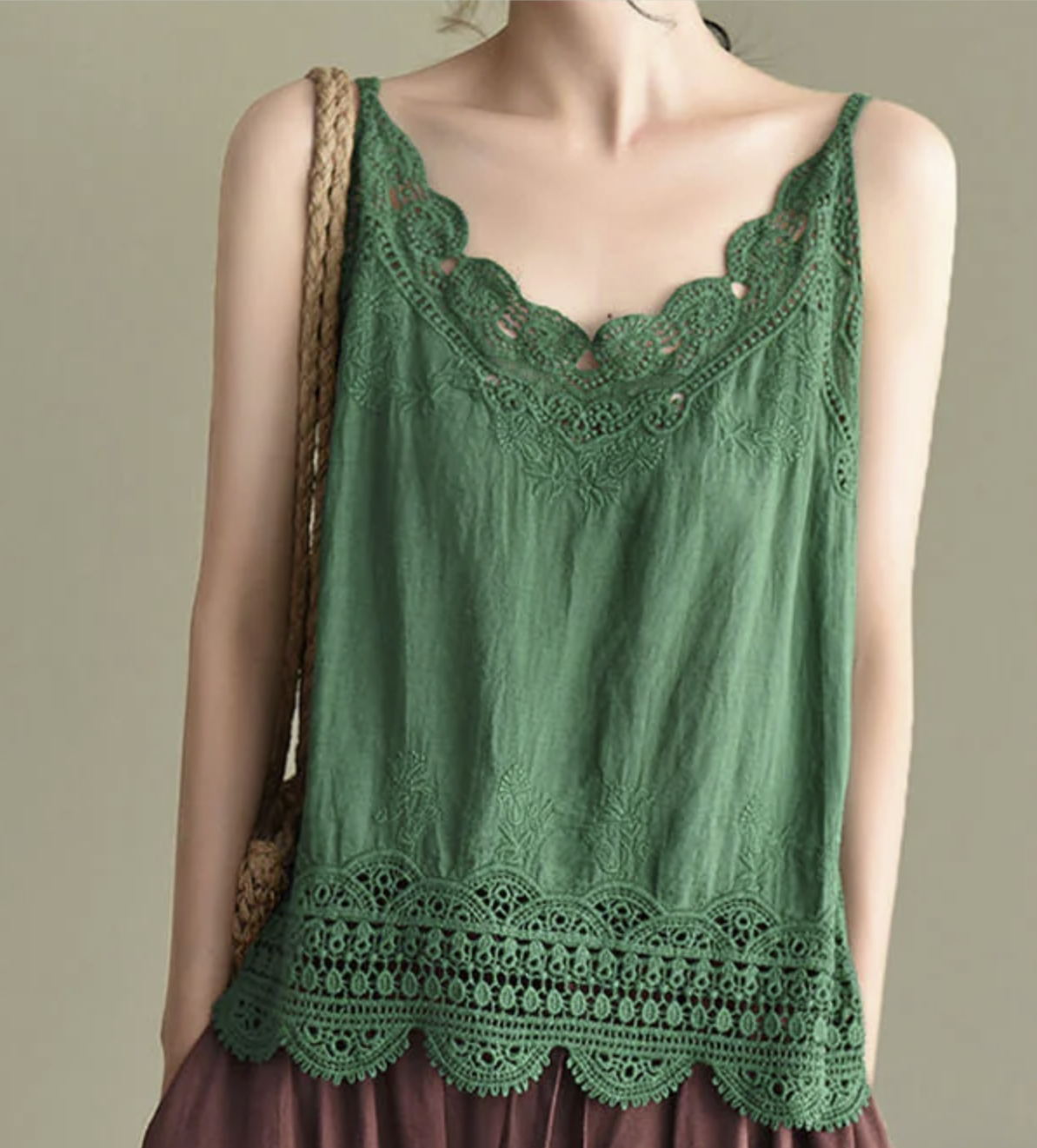Women's White Lace Patchwork Cotton Spaghetti Strap Top