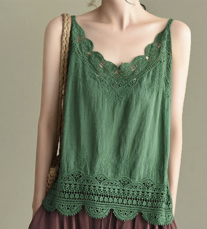 Women's White Lace Patchwork Cotton Spaghetti Strap Top