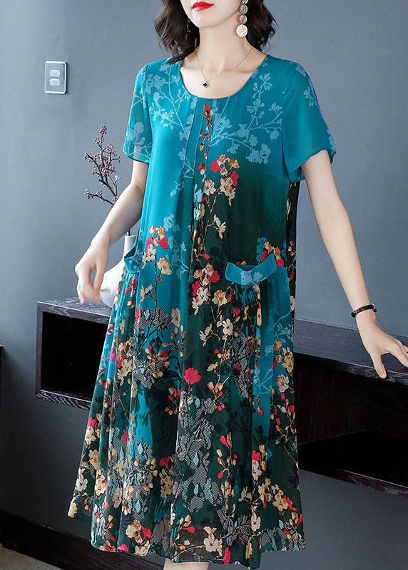 Elegant O-neck pocket print A-line dress