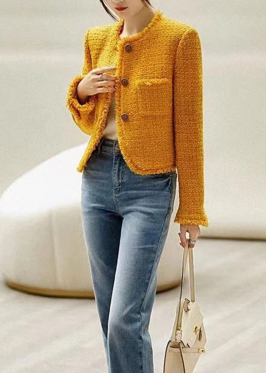 Women's Party New Yellow O Neck Button Pocket Cotton