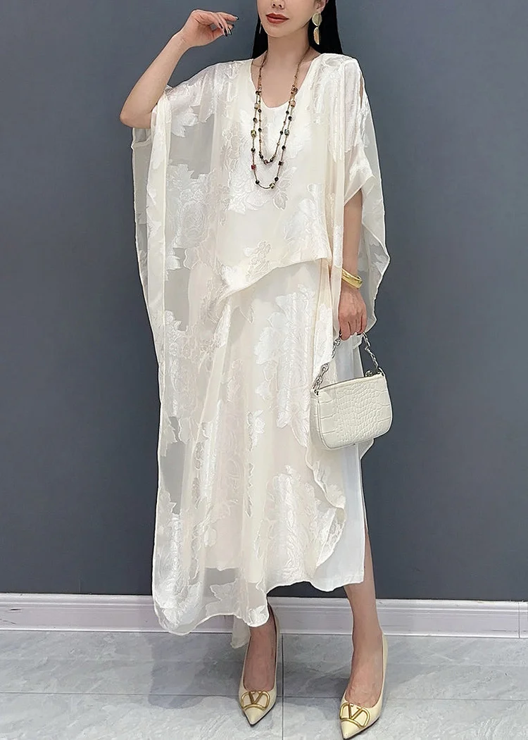 Women's Loose Jacquard White Round Neck Silk Long Dresses