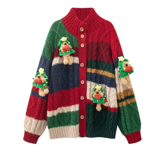 Women's Christmas Love Bear Cardigan Knit Sweater Jacket Winter