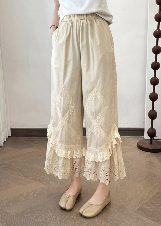New Apricot Lace Patchwork Wide Leg Pants