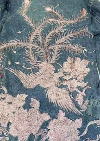 Chinese Embroidered Button Denim Jacket Long Sleeve