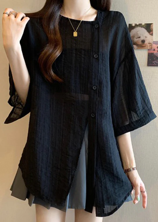 Women's Black Patchwork Shirt Asymmetrical