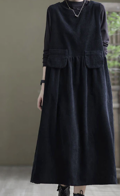 Womens Loose Round Neck Corduroy No Dresses