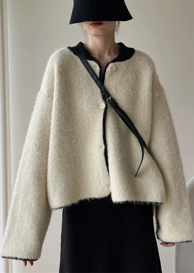 Women's White Buttoned Thick Patchwork Tweed Coat