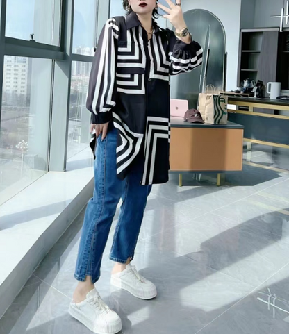 French Black Big Silhouette Striped Cotton Long Shirt Top