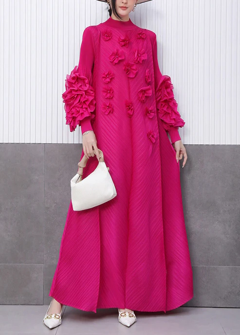 Rose Stand Collar Floral Decorated Long Dresses Summer