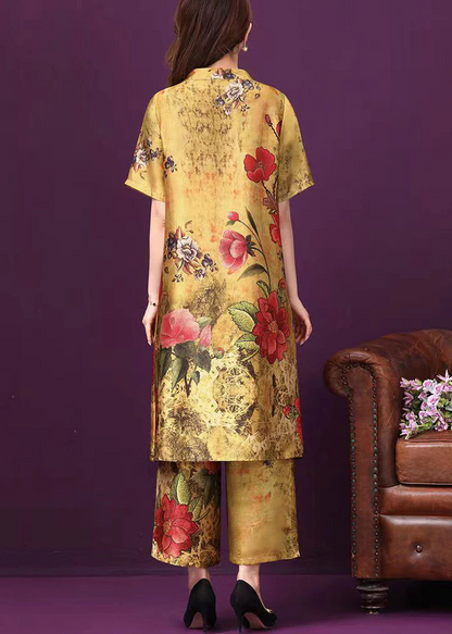Elegant Standing Collar Pocket Floral Print Silk Two Piece Set Short Sleeve