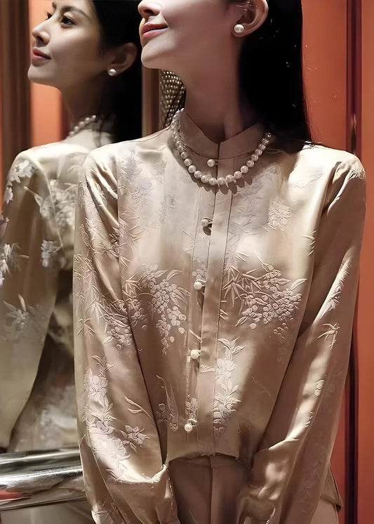 China Champagne Standing Collar Silk Shirt Spring