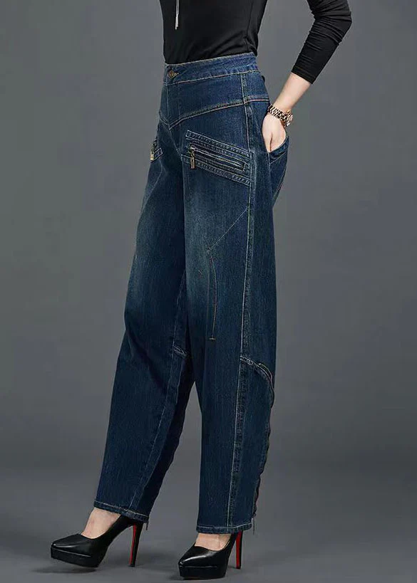 Organic cotton denim blue high waisted slim fit zipper pocket cotton jeans
