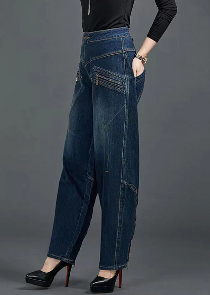 Organic cotton denim blue high waisted slim fit zipper pocket cotton jeans