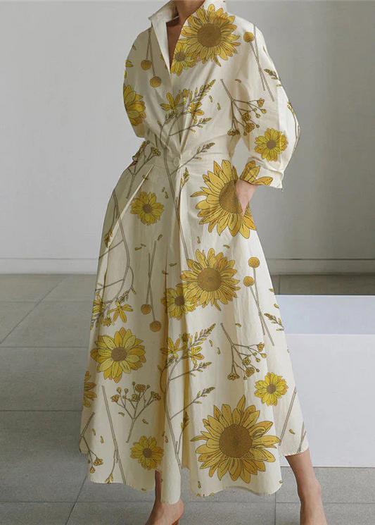 Apricot Floral Peter Pan Collar Pocket Long Sleeve Dress