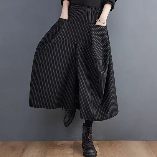 Women's Black Striped Pocket Casual Half Skirt Spring