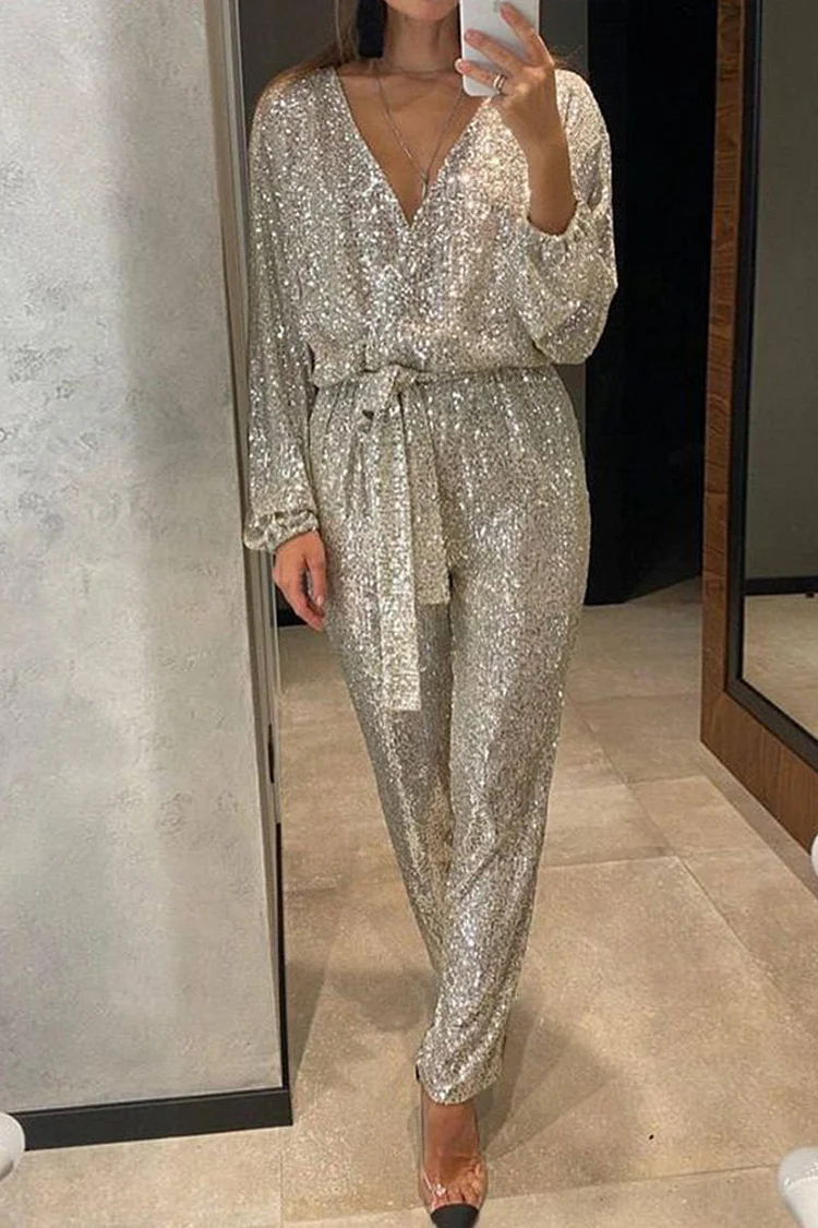 Women's Bandage Sequin V-Neck Regular Jumpsuit