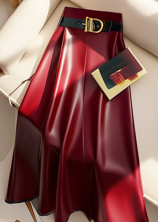 Women's Red Belt Solid Color High Waist Faux Leather Skirt