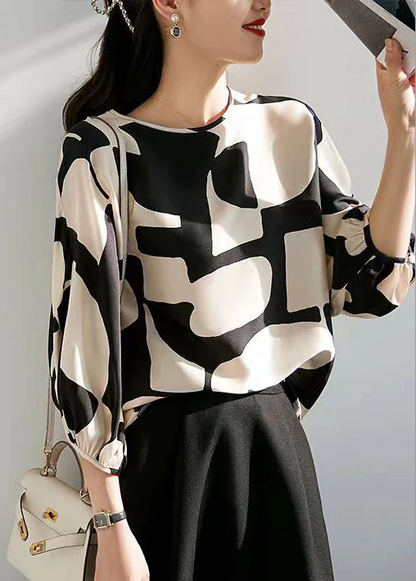 Elegant Round Neck Printed Button Silk Blouse Top