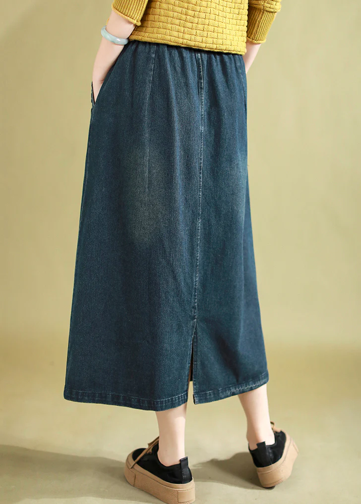 Ruffled Button Down Denim A-Line Skirt Blue