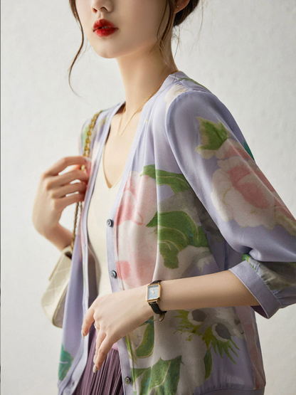 Elegant V-Neck Printed Cardigan Knit Top