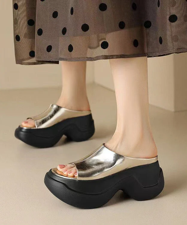 Women's Beach Gold Thick Bottom Heels Faux Leather Open Toe Sandals
