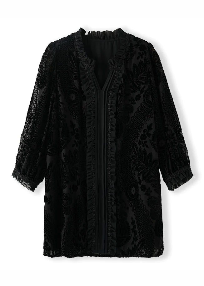 French V-Neck Floral Velvet Patchwork Top
