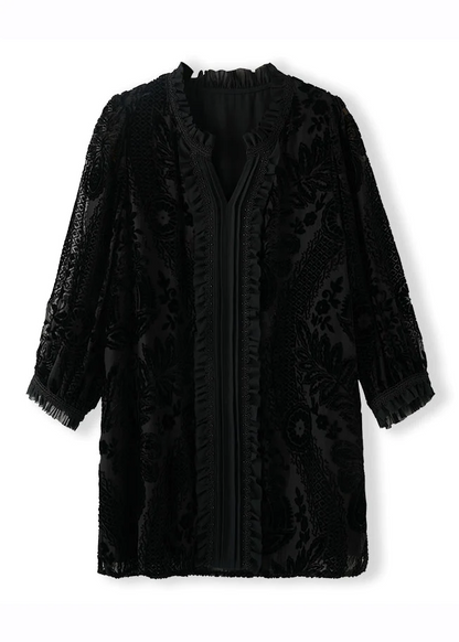 French V-Neck Floral Velvet Patchwork Top