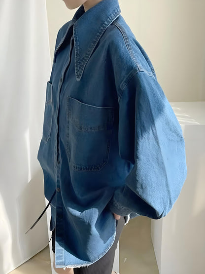 Women's Loose Peter Pan Collar Pocket Long Sleeve Denim Shirt Spring