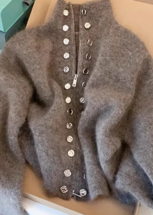 Fine Gray High Neck Zipper Wool Knit Cardigan