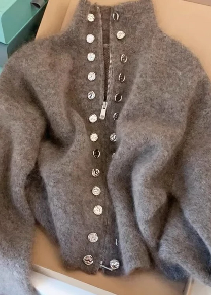 Fine Gray High Neck Zipper Wool Knit Cardigan